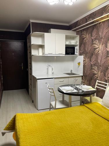 比什凯克Уютная комната-студия в центре Бишкека的一间设有床铺、厨房和桌子的房间