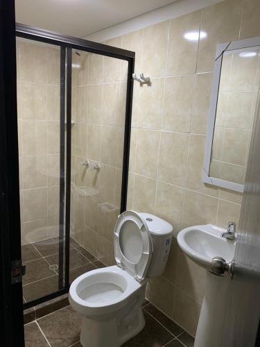 卡利Apartahotel APR的浴室配有卫生间、盥洗盆和淋浴。