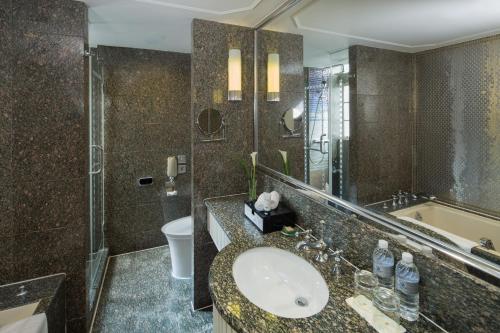 上海上海锦江饭店的一间带水槽、淋浴和卫生间的浴室