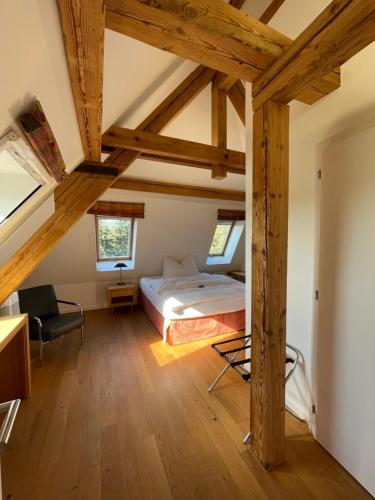 卢特巴赫Parkforum Wylihof的一间带一张床的卧室,位于带木制天花板的房间内
