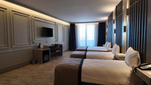 埃尔祖鲁姆Lala Grand Hotel的酒店客房设有三张床和电视。