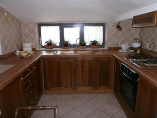 阿斯科利皮切诺Dimora Giosafatti的厨房配有木制橱柜、水槽和窗户。