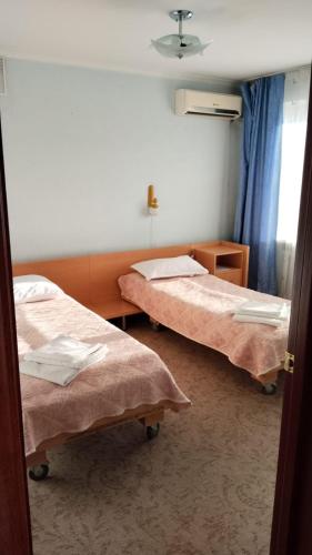卡拉甘达Tumar Apart Hotel的一间医院间,设有两张床和窗户