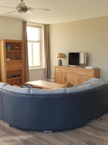 瓦尔德Mathildahoeve的客厅配有蓝色的沙发和电视