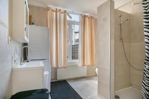 斯希丹Tourist Travel Inn的带淋浴和盥洗盆的浴室