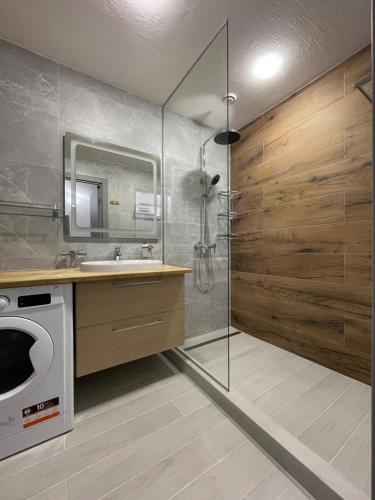 斯基希德尼萨Nafta Aparts & Villas的带淋浴、盥洗盆和洗衣机的浴室