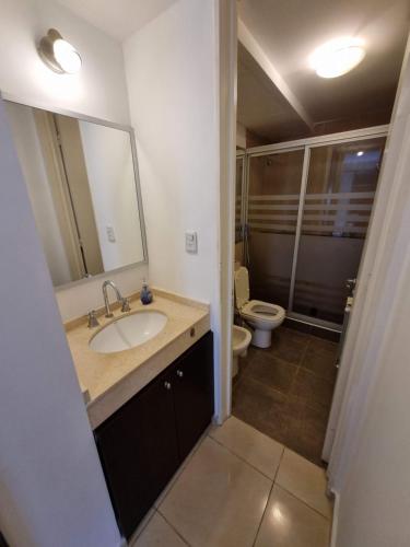 科尔多瓦HERMOSO - CONFORT con Balcón en Gral Paz的一间带水槽、卫生间和镜子的浴室