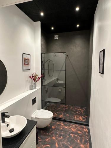 马里博Torvet17 Nr4 - 35m2的一间带玻璃淋浴和卫生间的浴室