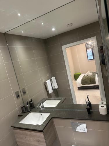 伦敦Richardson Deluxe Apartments (2-Bed)的一间带两个盥洗盆和大镜子的浴室