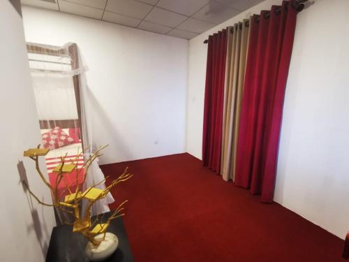 高尔Villa Sea View的一间红色窗帘和红地毯的房间