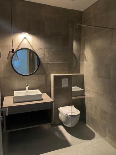 大戈里察4TREES Airport Apartments的一间带水槽、卫生间和镜子的浴室