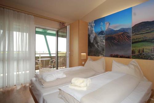 采尔德默尔克Vulkán Wellness Hotel & Camping的卧室设有2张白色的床和大窗户