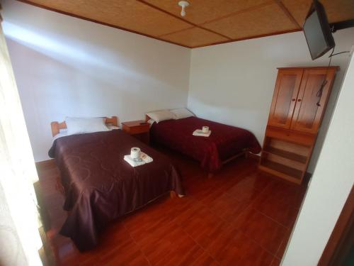 奥克萨潘帕Hospedaje Pinky Lodge的小房间设有两张床和橱柜