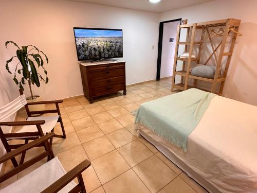 科隆Ingá Puerto Colón l的一间卧室配有一张床和一台平面电视