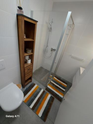 努齐德斯Unicorn Apartment的浴室设有楼梯、卫生间和地毯。