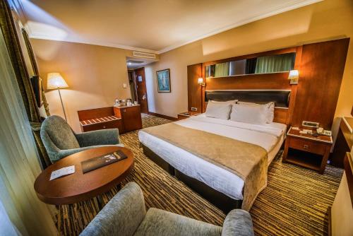 安卡拉OttomanHotel的酒店客房,配有一张床和两把椅子