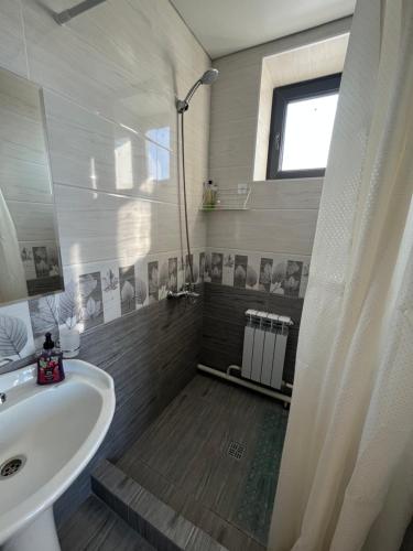 卡拉科尔Karakol Yurt Lodge & Homestay的一间带白色水槽和窗户的浴室