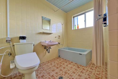 恩纳Crystal Inn Onna的浴室配有卫生间、盥洗盆和浴缸。