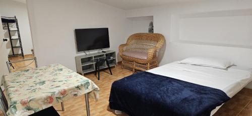 卡拉奥拉Atico CabezoDoce的一间卧室配有一张床、一把椅子和电视