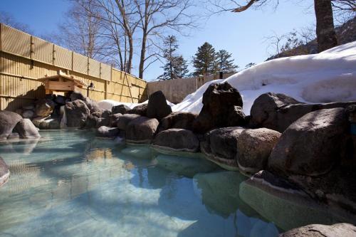 Yumoto奥日光森のホテル的积满岩石和雪的海水