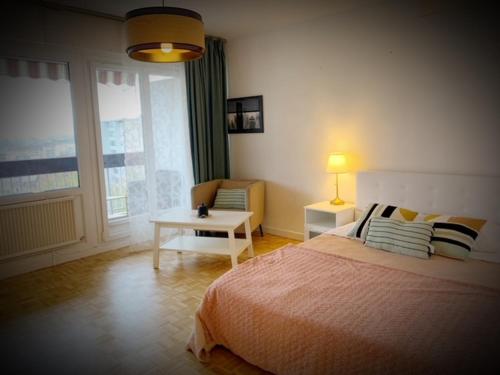 安纳马斯T1 bel appartement proche de Genève的一间卧室配有一张床、一张桌子和一个窗户。