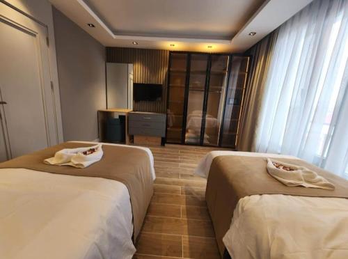 SarıkamısLİON HİLL RESORT的酒店客房设有两张床和电视。