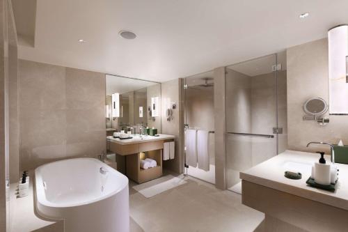 新加坡Conrad Singapore Orchard的带浴缸、卫生间和盥洗盆的浴室