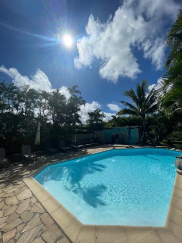 圣皮埃尔Villa Albizia 974 avec piscine et spa的一个种有棕榈树的大型蓝色游泳池