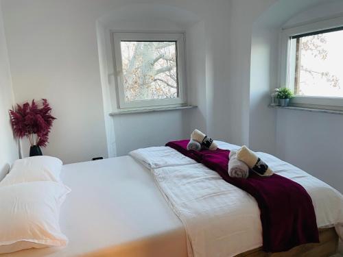 科佩尔Apartments Nina的卧室配有一张白色大床和两个窗户