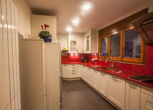 厄茨XALET CARLEMANY (Casa entera /hab.)的厨房设有红色的墙壁和白色的冰箱