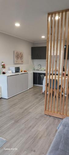 蓬塔德尔加达Pinneapple Studio的客厅设有厨房和厨房。