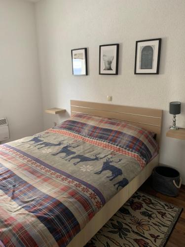 库普雷斯Rosa Canina Kupres的卧室内的一张床铺,墙上有三幅画