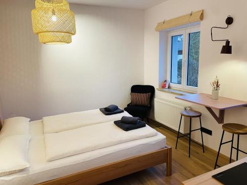 巴特特尔茨Alte Seifensiederei - Malala的卧室配有1张床、1张桌子和1把椅子