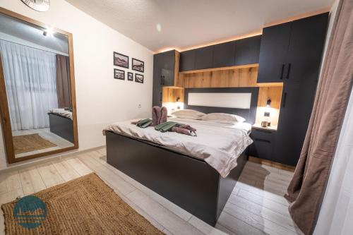 贝拉内Apartments Ivangrad的一间卧室设有一张大床和一个大镜子