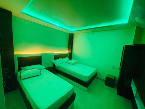 BirtamodHOTEL RUSKIN的一间设有两张床和绿灯的客房