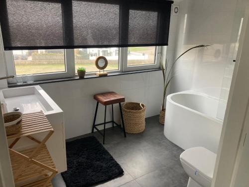 赞德沃特Villa Zandvoort的带浴缸、盥洗盆和卫生间的浴室