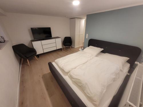 策勒Zimmer im Souterrain mit eigenem Bad的一间卧室配有一张床、电视和椅子