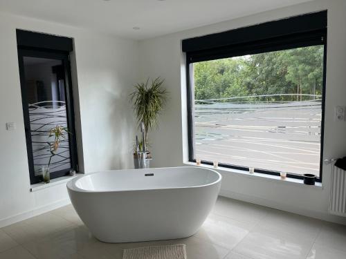 穆斯克龙Villa piscine chauffée, jacuzzi et sauna的带窗户的浴室内的白色浴缸