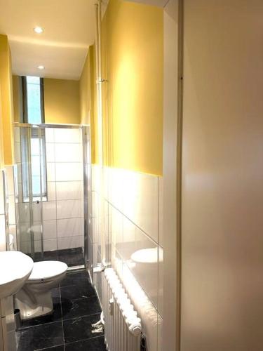 柏林Erstklassiges Studio im Zentrum的一间带两个水槽和玻璃淋浴间的浴室