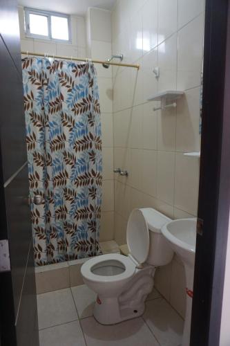 克鲁奇塔Casa Ballena的一间带卫生间和淋浴帘的浴室