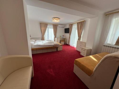 MoineştiPARC PINI RESORT的一间卧室配有两张床,铺有红地毯