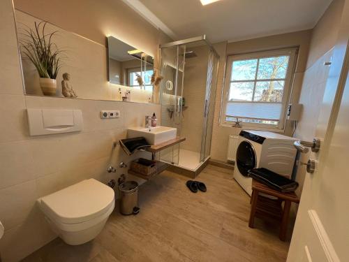 青斯特Ferienwohnung SÜN的浴室配有卫生间、盥洗盆和淋浴。
