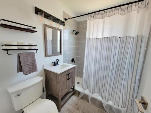 哈特福德Room for rent with own bathroom的浴室设有白色的淋浴帘和水槽