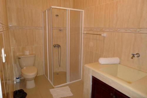 瓜亚卡内斯Residence Caribe的带淋浴、卫生间和盥洗盆的浴室