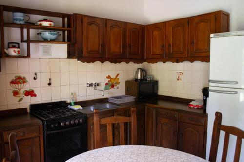 圣何塞Amplio chalet en zona centro的厨房配有木制橱柜、炉灶和冰箱。