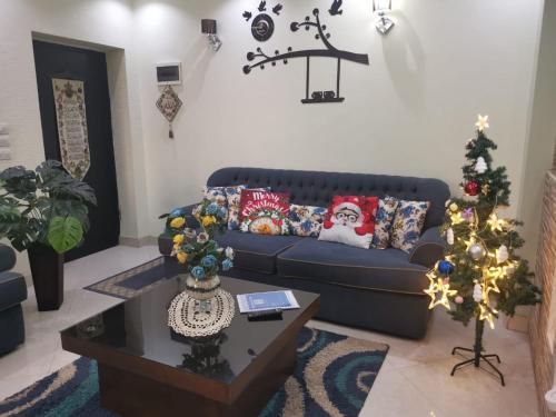 Sheikh Zayed2 bedroom, 4 beds, apartment in El sheikh Zayed Cairo Egypt的客厅配有蓝色的沙发和两棵圣诞树