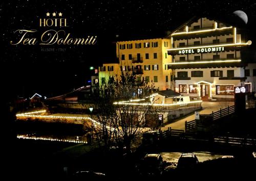 阿莱盖Hotel TEA Dolomiti的享有大楼的夜间灯光美景