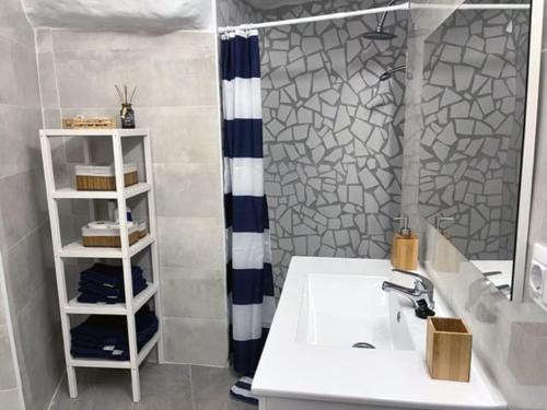 加尔达尔Apartamentos MENBAU的一间带水槽和淋浴帘的浴室