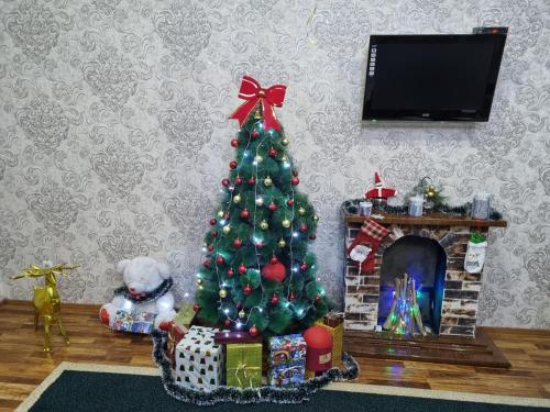 撒马尔罕Luxury Guesthouse的带壁炉的客厅里的圣诞树