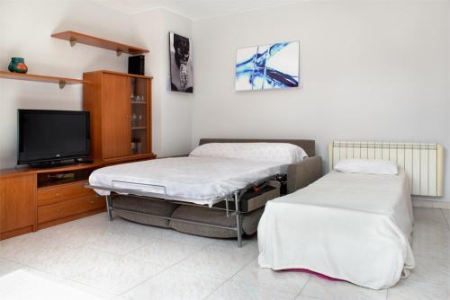 哈卡Apartamento Pico Aspe的客房设有两张床和一台平面电视。